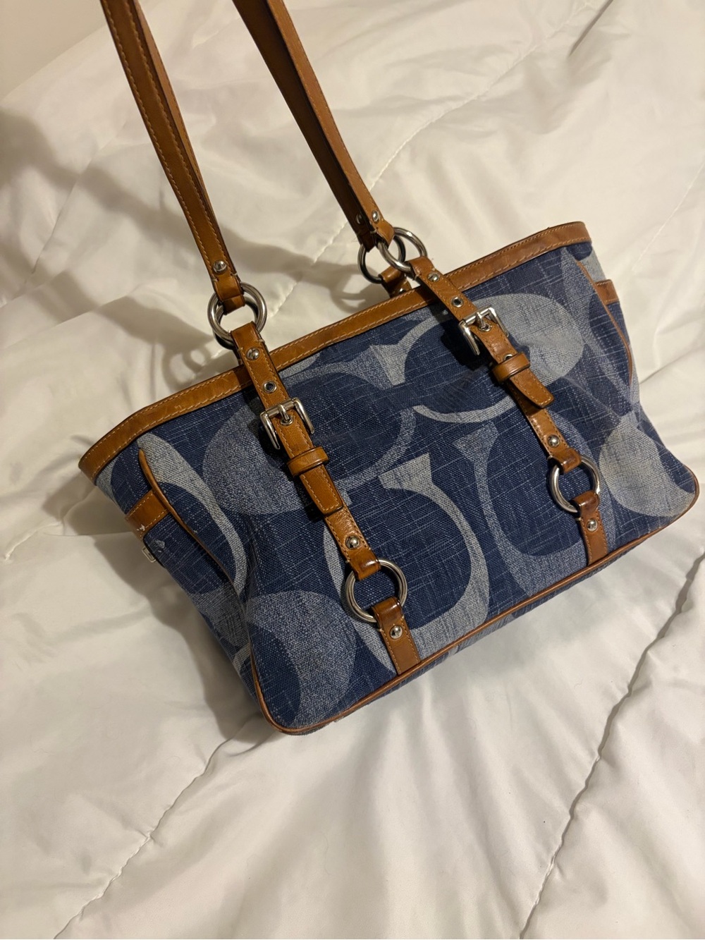 Coach Vintage Blue Canvas Tote with Tan Leather Trim - Picture 2 of 5